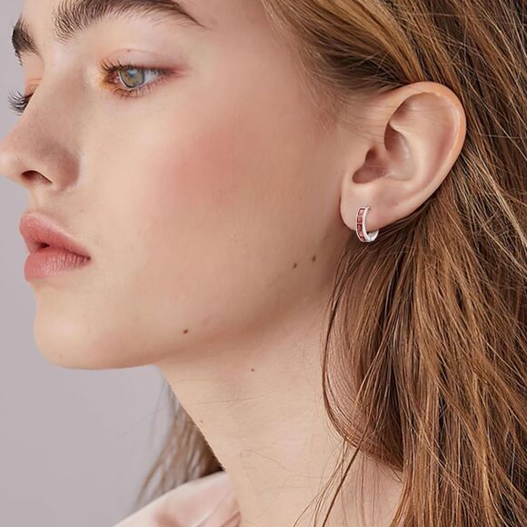 14K White Gold with Red Garnet Cubic Zirconia Princess Cut Huggie Earrings - Picture 4 of 5